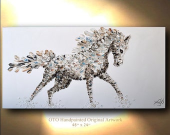 Running Horse Painting on Canvas Picture Decor Art Oil Original Artworks White Arabian mare Equestrian animal illustration by OTO