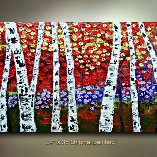 ORIGINAL Birch Tree Art Painting Landscape abstract treescape painting red 36x24 Modern Contemporary art by OTO