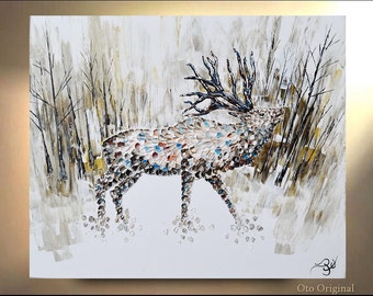 Elk in Forest Landscape Stag Painting on Canvas Deer Male Original Artwork Home Decor Gift for House Trending Animal art By OTO