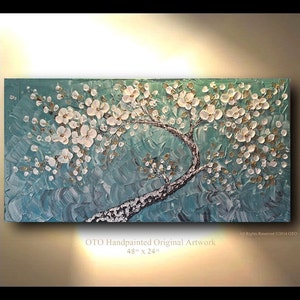 Teal Cherry Blossom Oil Painting: Large Abstract Landscape Art