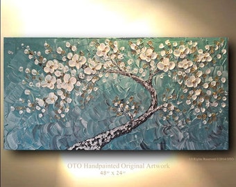 Teal Cherry blossom White Flowers Large Landscape Abstract Cherry Blossoms Oil Painting Thick Texture Gallery Fine Art by OTO