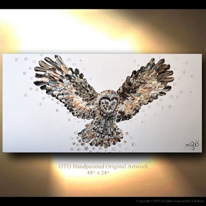 OWL Painting on Canvas Bird Original Great Horned Owl Artwork Raptor Gift for Home, Bird of Prey Animal Oil Mixed media art By OTO