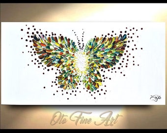 Painting for sale Spring Art Butterfly Impasto Colorful Wall Décor Vibrant colors white moth canvas artwork Heavily Textured by OTO