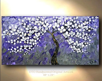 Made to Order 72" Commissioned Oil Painting Abstract Flower Tree purple Metallic Gold gray Acrylic Landscape Artwork Textured art by OTO