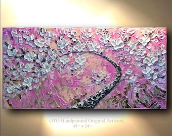 Made to Order 72" White Flowers Pink Cherry Blossom Large Landscape Abstract Oil Painting Thick Texture Gallery Fine Art by OTO