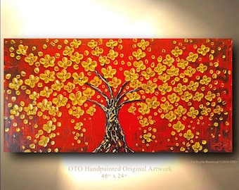 Floral Tree Painting: Red & Gold Impasto Artwork