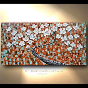 Terracotta Cherry Blossom Oil Painting: Textured Abstract Landscape Art