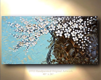 Made to Order Tree Flower Oil Painting Abstract Blue Brown White Gold Canvas Ready to Hang Textured Art Acrylic Landscape Artwork by OTO