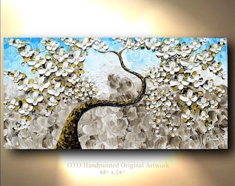 Textured Flower Tree Painting: Abstract Impasto Art on Canvas
