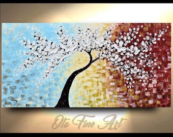 White Floral Spring Gold Blue Yellow Burgundy Flower Abstract Tree painting Dogwood Art Canvas oil Modernhouseart Artwork Artmod OTO