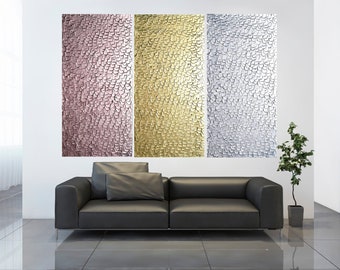 Gold Silver Rose / Copper Metallic Abstract Painting Large Three Canvas Panel triptych Texture Art oil canvas acrylic OTO