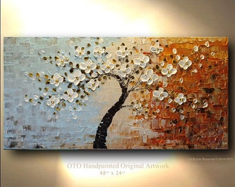 ORIGINAL 48x24 Tree White Flower Oil Painting Abstract Blue Brown Gold Canvas Ready to Hang Textured Art Acrylic Landscape Artwork by OTO