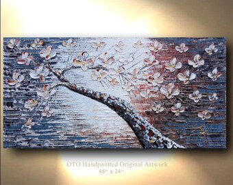 Canvas Flower Tree Gray Painting Abstract Textured wall decor Artwork Fine art by OTO