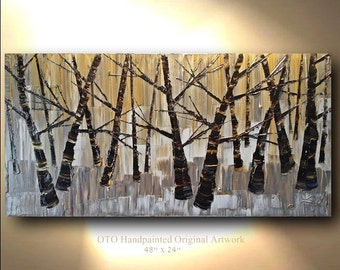Custom Size Griege Art Birch tree Aspen Abstract Hand crafted Art painting Birch tree Large Modern Painting by OTO