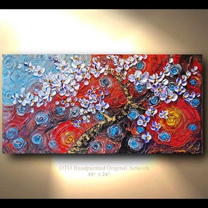 ORIGINAL Painting 24x48 Blue Red Yellow Purple Oil Canvas Abstract Art painting tree flower Large Modern Contemporary Painting by OTO