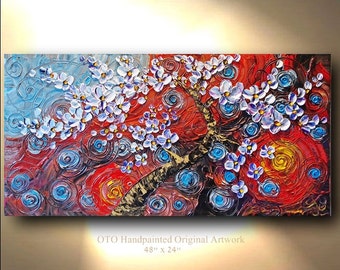 ORIGINAL Painting 24x48 Blue Red Yellow Purple Oil Canvas Abstract Art painting tree flower Large Modern Contemporary Painting by OTO