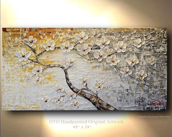 ORIGINAL Painting 24x48 White Flower Gold Brown Grey Flower Abstract Painting Art Canvas oil Wall Decor Artwork Impasto Textured art by OTO