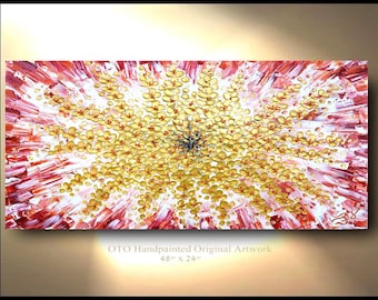 Red Gold Floral Original Flower Abstract Painting Art Large canvas wrap oil  72" 48" 36", textured piece OTO