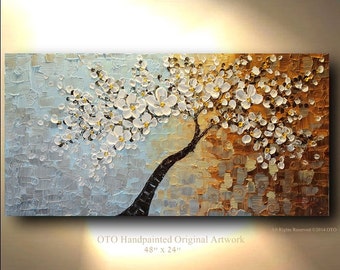 Textured Tree Oil Painting: Abstract White Flower Art, Gold Brown Blue Canvas (60x30)
