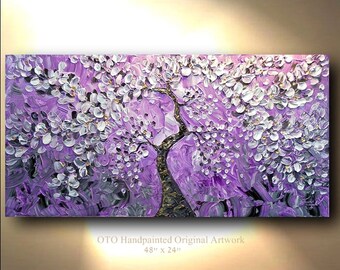 Textured Cherry Blossom Tree Painting: Purple Gray Abstract Landscape Art