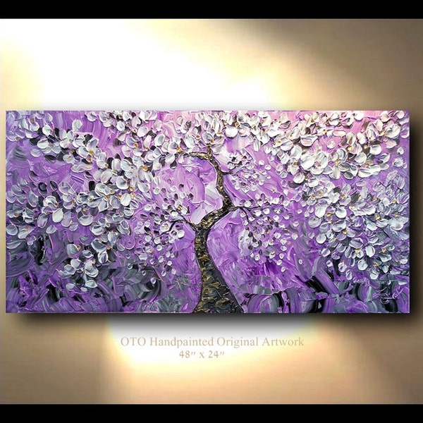 Painting Abstract Flower Tree purple cherry Blossom Oil gray Acrylic Landscape Artwork Textured art by OTO