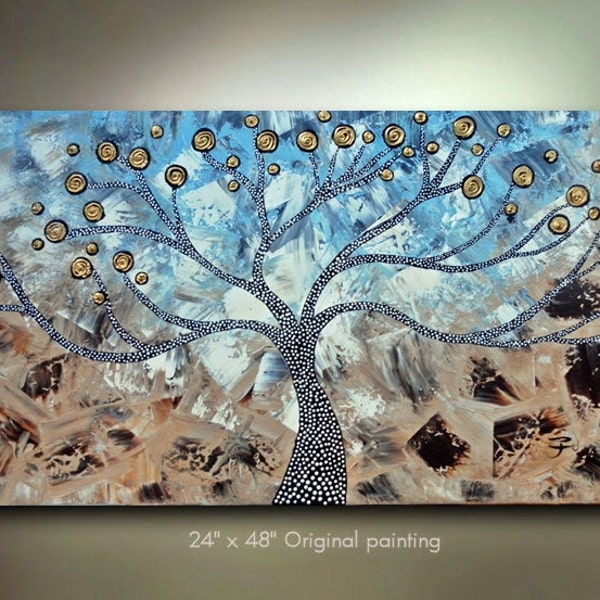 Original Abstract Tree Landscape Painting Abstract Gold flower Tree Texture Art painting metallic 48x24 Modern Contemporary Painting by OTO