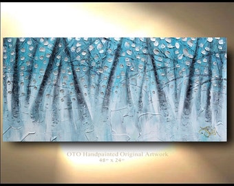 Silver Painting Ready to Ship Blue aqua turquoise Oil Textured Abstract Art tree flower Large Modern Contemporary art by OTO