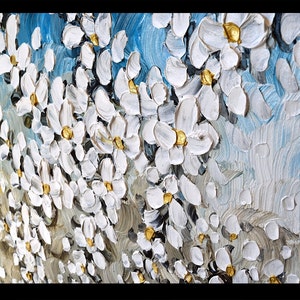 May include: Abstract painting of white flowers with gold centers on a blue and gray background. The flowers are painted in a thick, textured style.