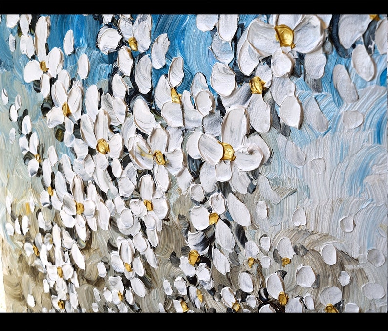 May include: Abstract painting of white flowers with gold centers on a blue and gray background. The flowers are painted in a thick, textured style.