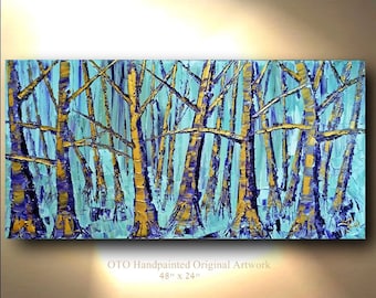 Original Forest Tree Painting: Blue, Purple, and Gold Abstract Art (48x24)