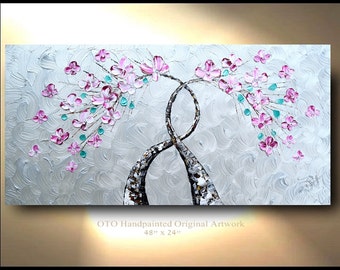 Silver Tree Painting: Pink Flower Abstract Art, Textured Oil on Canvas