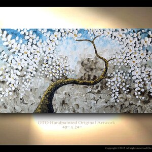 May include: Abstract painting of a white flowering tree with a gold branch against a blue and gray background. The painting is 48 inches by 24 inches.  OTO Handpainted Original Artwork.
