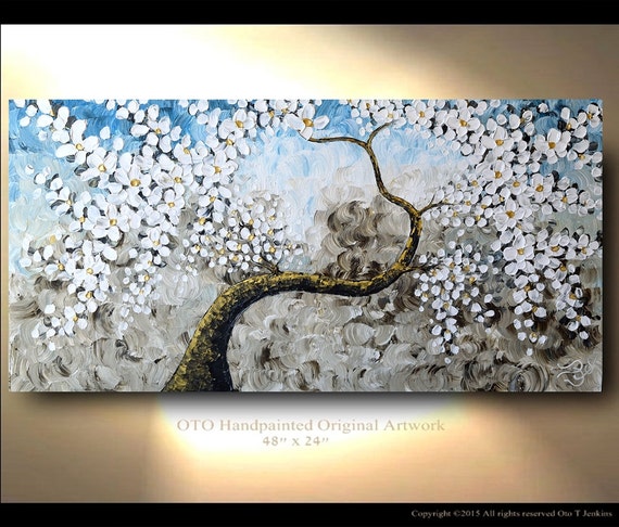 Floral Tree Painting on Canvas: Slate Blue Office Decor by OTO