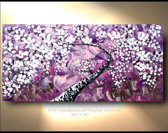 Purple Spring Tree Painting Canvas White Flowers Pink plum blossom Large Landscape Abstract Oil Thick Texture Gallery Art by OTO