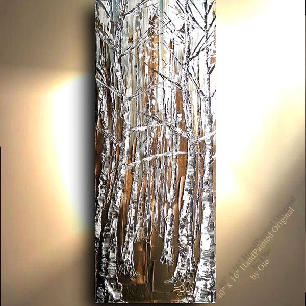 ORIGINAL Painting Brown Black White Gold Blue metallic Birch Aspen Tree Abstract Texture wall decor Artwork Fine art canvas by OTO