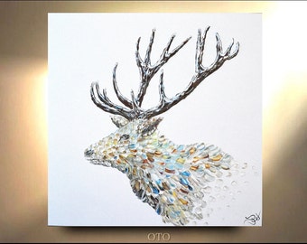 NEW Stag Painting on Canvas Decor Art Oil Original Artworks Male Elk Deer Wild animal Abstract illustration Artist by OTO