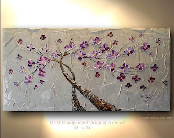 Extra Large Tree Painting Taupe White Flower Gold Tan Purple Abstract Art Canvas Tree oil Wall Decor Artwork Impasto Textured art by OTO