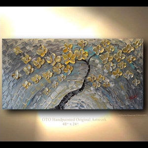 ORIGINAL Painting 24x48 Gold Silver Flower Grey Blue Abstract Painting Art Canvas oil Wall Decor Artwork Impasto Textured art by OTO
