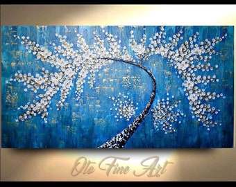 Abstract Tree Oil Painting: White Flowers, Blue & Gold Canvas Art