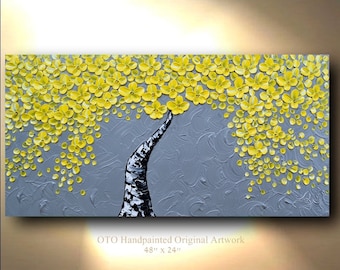 Yellow Flower Tree Painting: Abstract Modern Art on Canvas