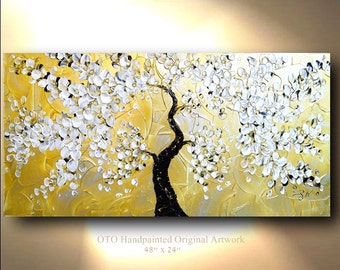 Textured Palette Knife Oil Painting: Gold & White Flowering Tree Art (48" By OTO)