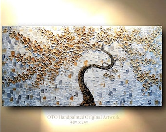 Textured Tree Painting: Gold Flower Art, Silver Grey Decor