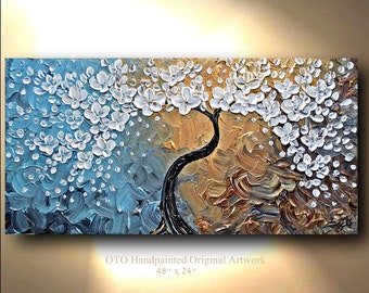 ORIGINAL 48x24 Tree Flower Oil Painting Abstract Blue Brown White Gold Canvas Ready to Hang Textured Art Acrylic Landscape Artwork by OTO