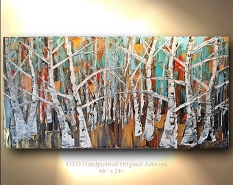 Original Landscape Painting Blue Red Black White Gold metallic Birch Aspen Tree Oil Abstract Texture Artwork Fine art canvas by OTO