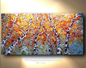 Original Landscape AspenTree Painting Abstract Art treescape artwork 48x24 Modern Contemporary mixed media by OTO