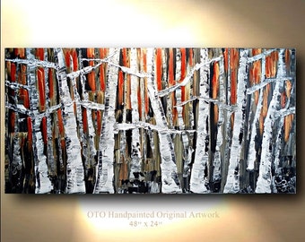 Landscape Painting Gold Red Black White metallic accent Birch Aspen Tree Abstract Texture wall decor Artwork Fine art canvas by OTO