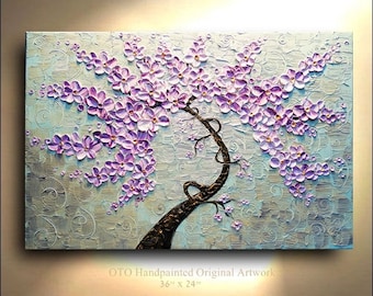 Textured Floral Tree Painting: Purple, Pink, Gold Impasto Art