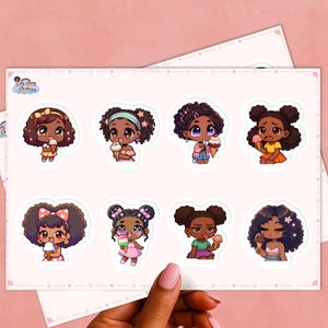 Afro Chibi Ice Cream Eating Girl Stickers – Cute Kawaii chibi japanese manga style Sticker Sheet for Journals, Laptops, Planners & Others