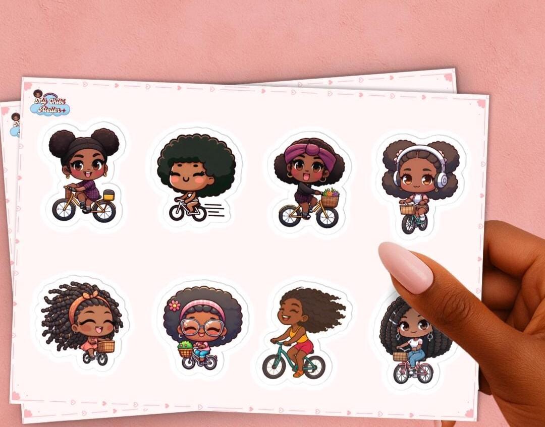 Chibi Sticker Riding Chibi Stickers Riding Bike Black Girls – Afro Cute Kawaii Chibi ...