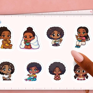 Black Chibi Eating Girls Stickers – Cute Kawaii chibi japanese manga style Sticker Sheet for Journals, Laptops, Planners & Others
